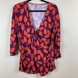 Boden Purple Orange Leaf Print Faux Wrap Top Size 18R Stretch Cottage Feminine